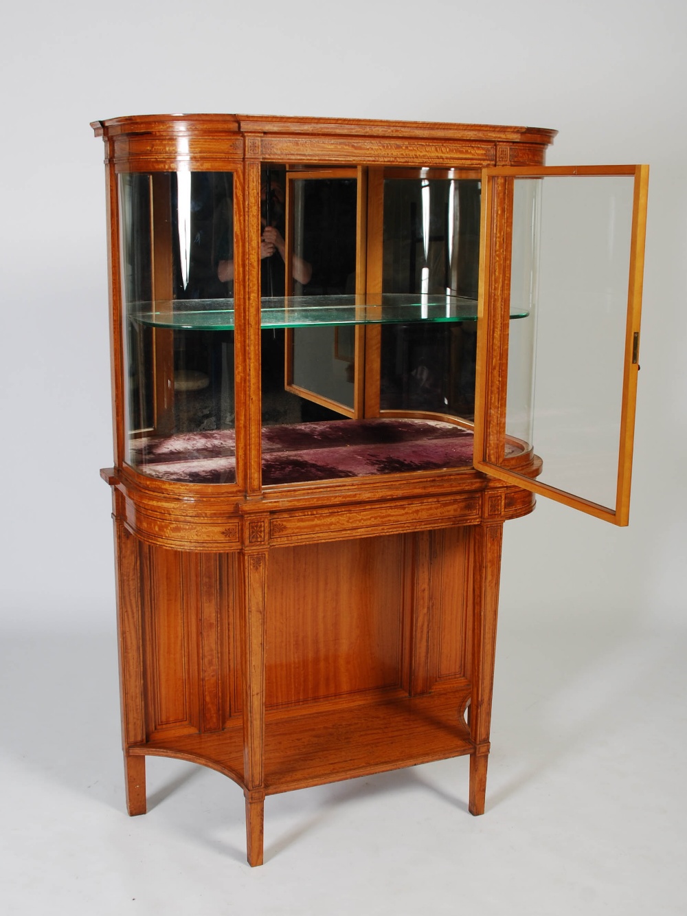 A late 19th century satinwood and ebony lined display cabinet on stand, the moulded cornice above - Image 5 of 7