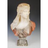 A late 19th/ early 20th century white marble and pink alabaster bust of a lady, on tapered square