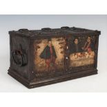 A 17th century German, Nuremberg, painted wrought iron table casket, the hinged cover with three