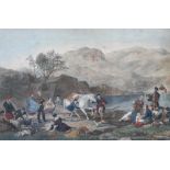 After Frederick Taylor Crossing the Tay Coloured engraving 67cm x 93.5cm And another Crossing a