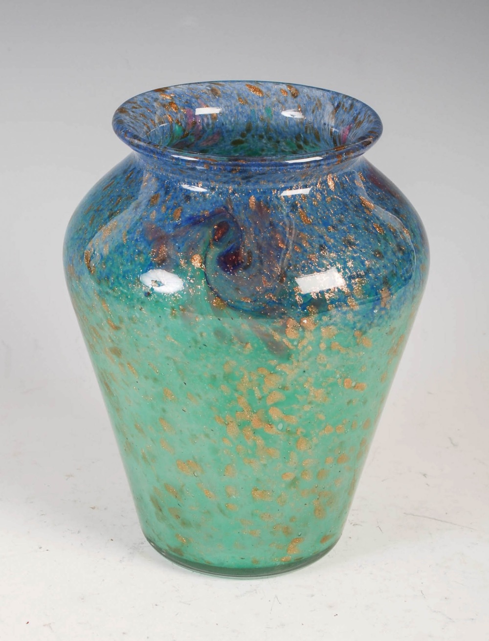 A Monart vase, shape GF, mottled blue, purple and green glass with coloured inclusions and three - Image 2 of 6