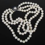 A cultured pearl choker necklet with 18ct white gold cultured pearl and sapphire set clasp, late