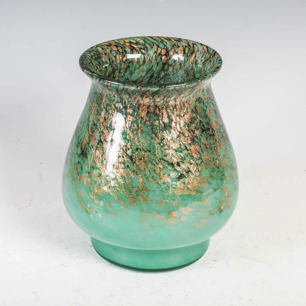 A Monart vase, shape RA, mottled black and green glass with gold coloured inclusions, bearing