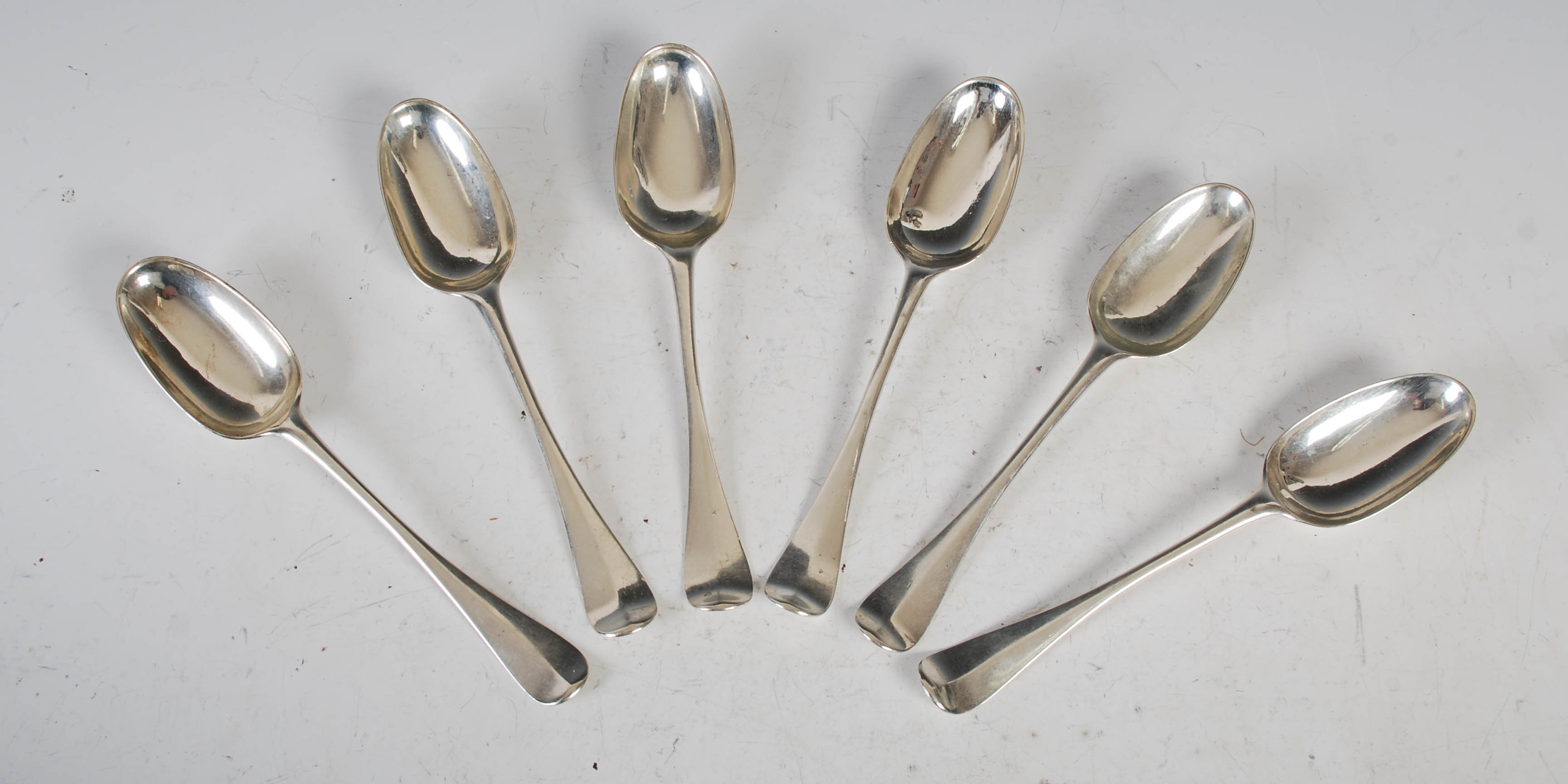 A set of six George II silver table spoons, Edinburgh, 1752, makers mark of RG for Robert Gordon,