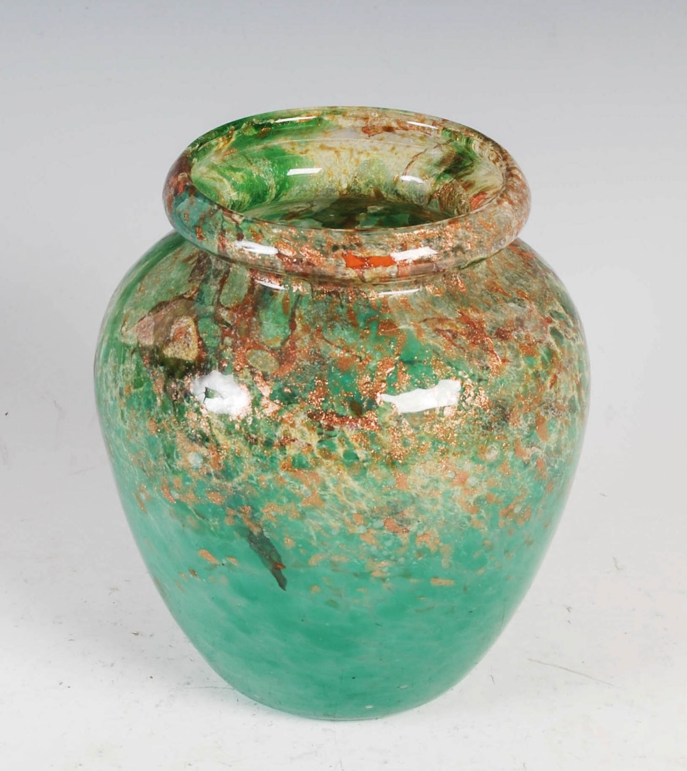 A Monart vase, probably shape QB, mottled greens and orange with gold coloured inclusions, 18cm - Image 2 of 4