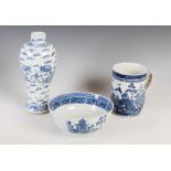 A group of Chinese blue and white porcelain, Qing Dynasty, comprising; a jar decorated with a pair