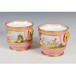 A pair of late 19th century continental porcelain pink ground twin handled jardinieres, decorated