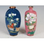 Two Japanese cloisonne vases, Meiji Period, one of tapered cylindrical form decorated with peony