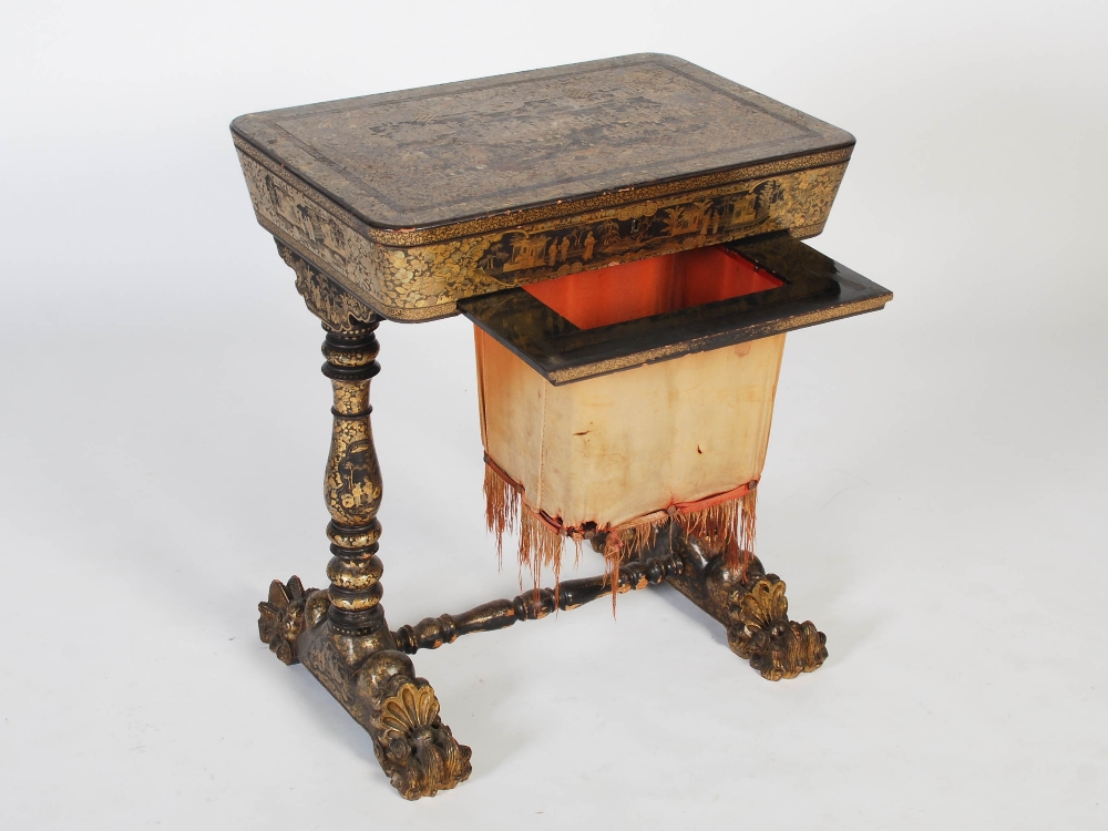 A 19th century Chinese export lacquer work table, the hinged rectangular top decorated with - Image 5 of 9