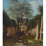 19th century British School Graveyard with mother and children oil on canvas 32.5cm x 28.5cm