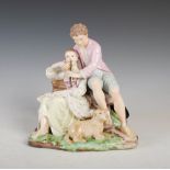 A late 19th/ early 20th century Dresden porcelain figure group of shepherd, shepherdess, dog and