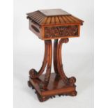 A 19th century Anglo-Indian rosewood teapoy, the square sarcophagus shaped top with hinged cover