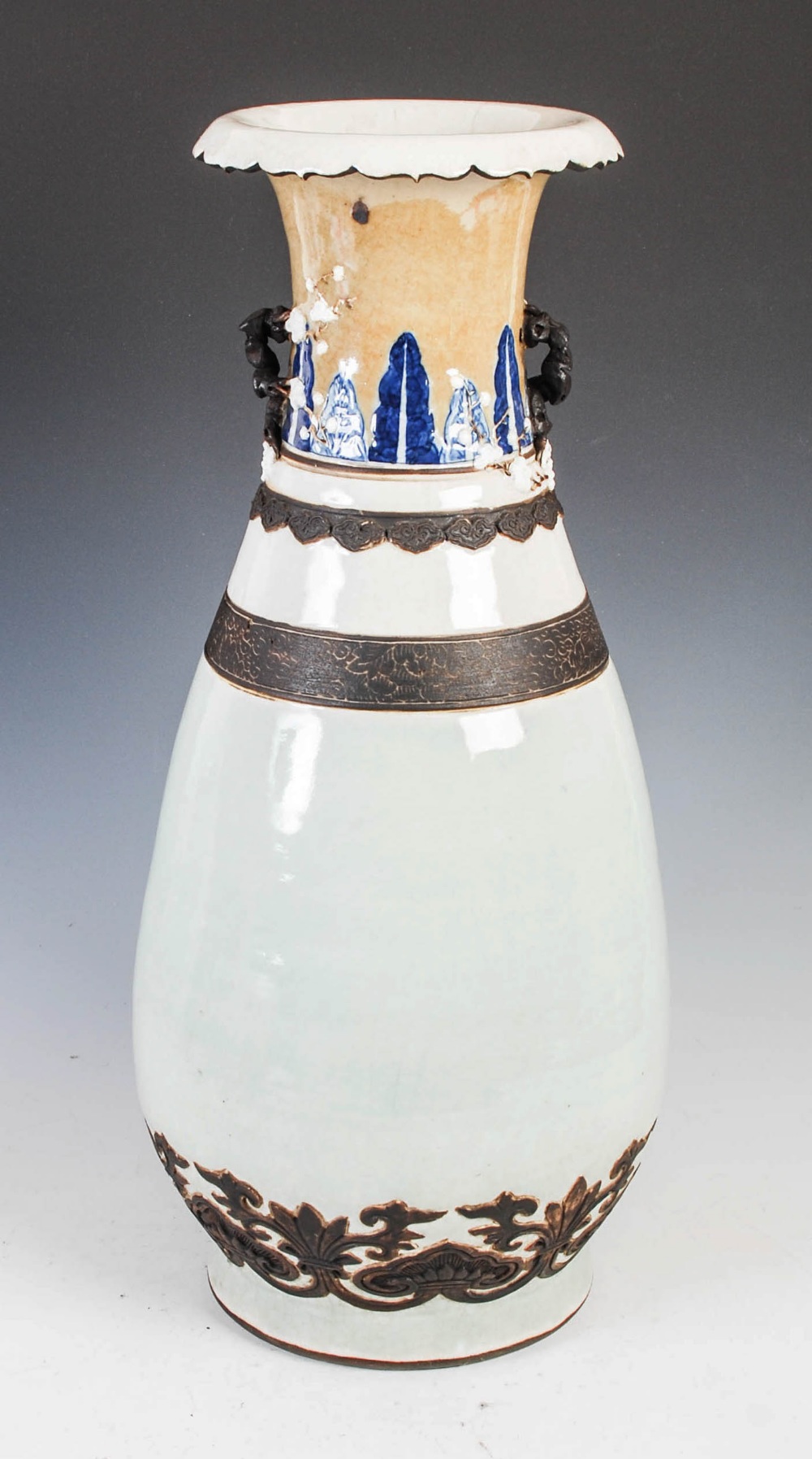 A large Chinese porcelain crackle glazed vase, Qing Dynasty, with two branch form handles, square