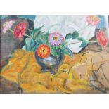 AR Annabel Kidston (1896-1981) Dahlias acrylic, inscribed on label verso 50cm x 71cm