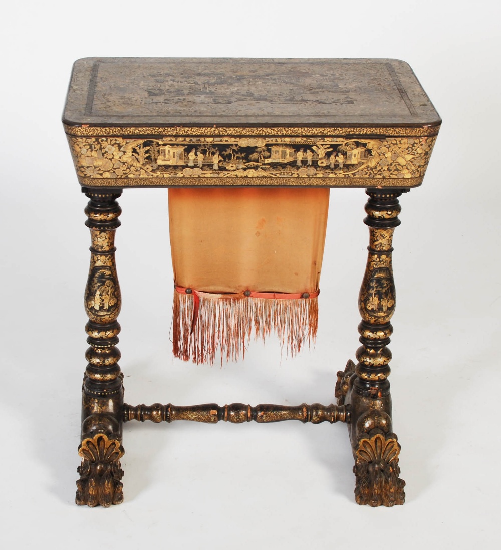 A 19th century Chinese export lacquer work table, the hinged rectangular top decorated with - Image 9 of 9