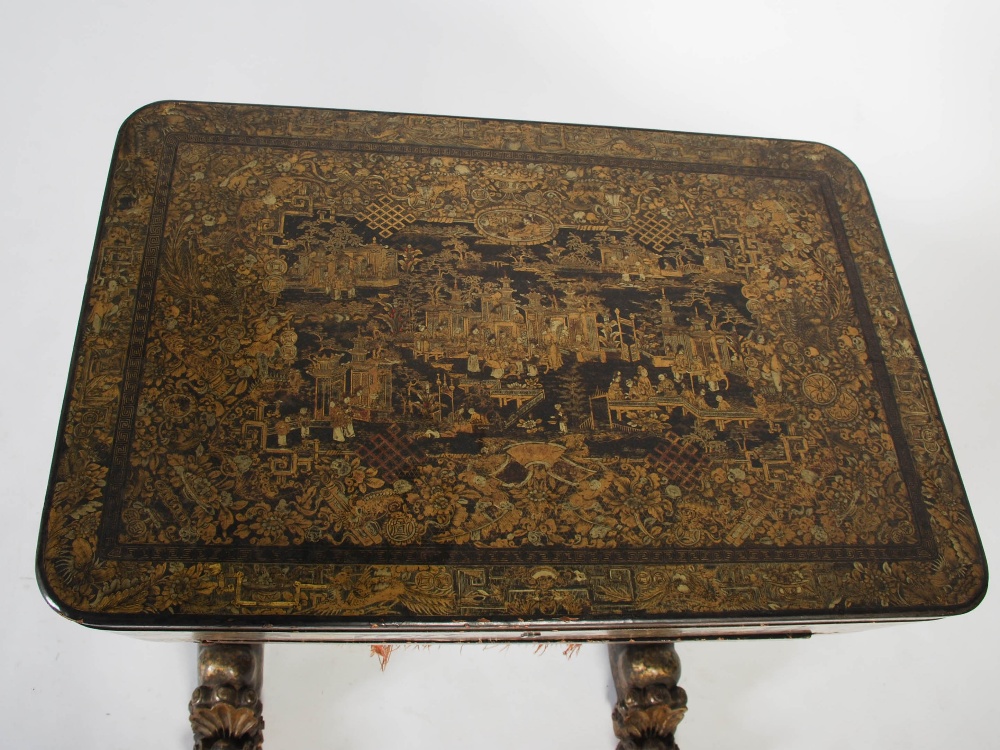 A 19th century Chinese export lacquer work table, the hinged rectangular top decorated with - Image 2 of 9