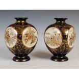 A Pair of Japanese Satsuma pottery blue ground vases, Meiji Period, of tapered square form decorated