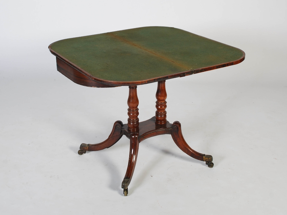 An early 19th century rosewood, boxwood lined and gilt metal pedestal games table, the hinged D- - Image 5 of 7