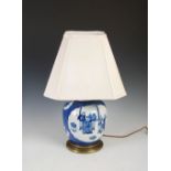 A Chinese porcelain blue and white jar later converted to a table lamp, Qing Dynasty, the jar