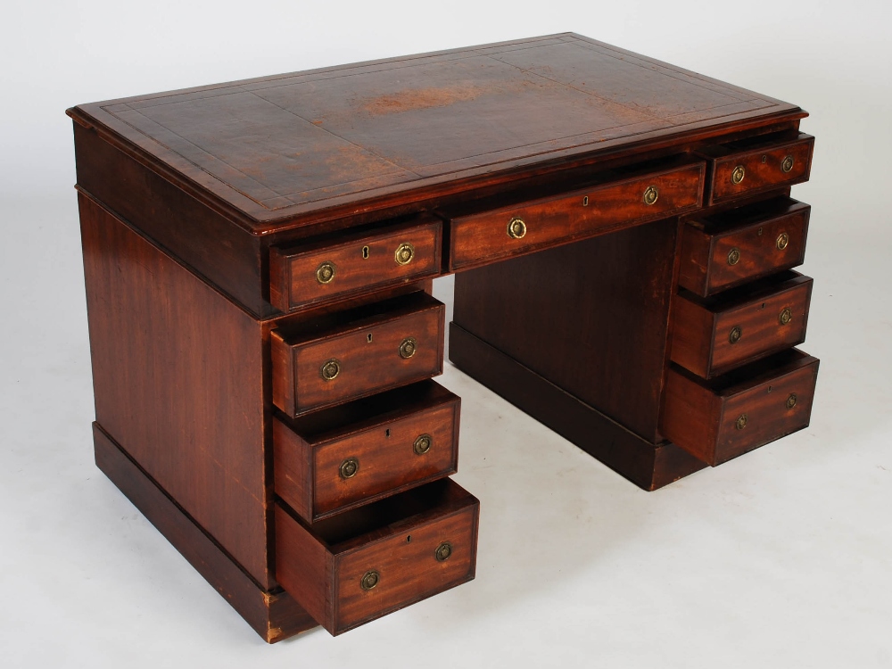 A 19th century mahogany pedestal desk, the rectangular top with claret coloured skiver above a - Image 4 of 6