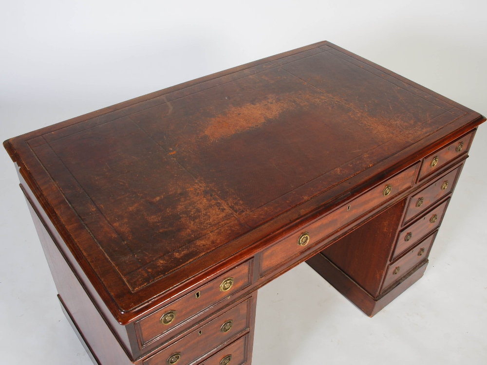 A 19th century mahogany pedestal desk, the rectangular top with claret coloured skiver above a - Image 2 of 6