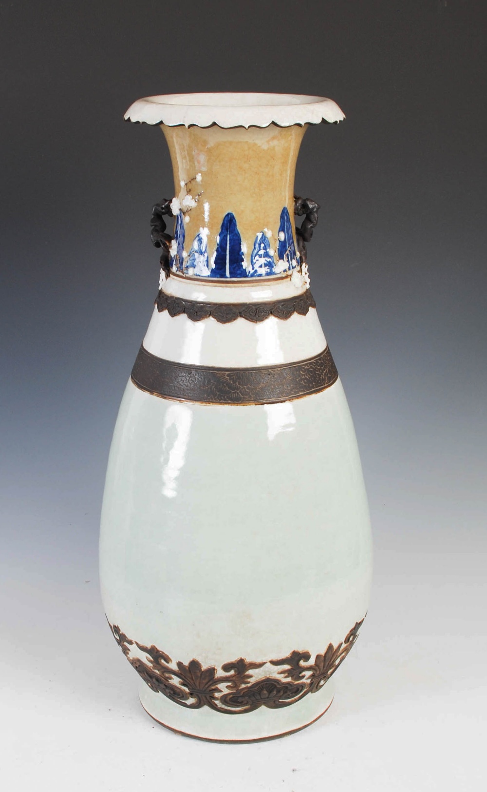 A large Chinese porcelain crackle glazed vase, Qing Dynasty, with two branch form handles, square - Image 2 of 6