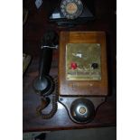 EARLY VINTAGE STAINED PINE AND BRASS MOUNTED WALL HUNG TELEPHONE, BR2014, INSCRIBED ON BRASS