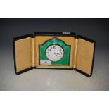 SHEFFIELD SILVER AND GREEN ENAMEL TRAVELLING BEDSIDE CLOCK, MAKERS MARK 'WALKER AND HALL', THE WHITE