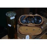 PAIR OF LEATHER CASED BINOCULARS, BINO.PRISM NO.5 MARK 5x7, DATED 1944, TOGETHER WITH A BRASS