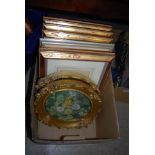 BOX - ASSORTED DECORATIVE PICTURES, PRINTS, GILT FRAMED OVAL MIRROR ETC