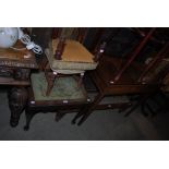 19TH CENTURY MAHOGANY FOLD OVER TEA TABLE, A NEEDLEWORK UPHOLSTERED RECTANGULAR FOOTSTOOL, TWO