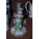 THREE ROYAL COPENHAGEN CRACKLE-GLAZED OCTAGONAL SHAPED CANDLESTICKS WITH GREY AND CELADON GROUNDS
