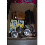 BOX - ASSORTED HOUSEHOLD ITEMS TO INCLUDE TWO BOXED MODEL CARS, EP GOBLETS, CASED CUTLERY AND