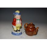 SCOTTISH POTTERY INTEREST - A BROWN GLAZED MINIATURE TEA POT AND COVER, TOGETHER WITH A BLUE PRINTED