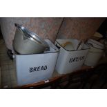 KITCHENALIA TO INCLUDE TWO VINTAGE ENAMELLED BREAD BINS AND COVERS, ENAMEL PAILS, KITCHEN SCALES,