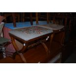 A MAHOGANY NEEDLEWORK UPHOLSTERED X-FRAME DRESSING TABLE STOOL TOGETHER WITH ANOTHER MAHOGANY