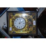 19TH CENTURY "WAG AT THE WA" WALL CLOCK, THE RECTANGULAR BRASS DIAL WITH EMBOSSED DETAIL OF FRUIT,