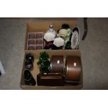 TWO BOXES OF ASSORTED CERAMICS, GLASSWARE, PAIR OF JAPANESE CLOISONNE ENAMEL VASES, TWO MANTLE