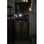 A RECTANGULAR BEVELLED WALL MIRROR TOGETHER WITH A BRASS RUBBING STYLE PICTURE OF MAID AND KNIGHT