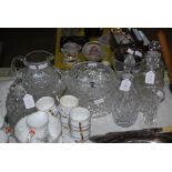 COLLECTION OF ASSORTED CUT GLASSWARE, BOWLS, JUGS, DECANTERS, STOPPERS, ETC.