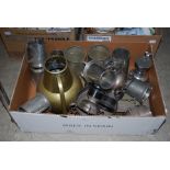 BOX - ASSORTED PEWTER TANKARDS, EP TROPHIES, BRASS JUG ETC