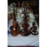 PAIR OF OAK AND BRASS BARLEY TWIST CANDLESTICKS TOGETHER WITH TWO OTHER PAIRS OF TURNED WOODEN