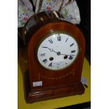 EDWARIAN MAHOGANY MANTEL CLOCK WITH ROMAN NUMERAL DIAL.