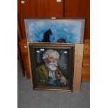 THREE NEEDLEWORK EMBROIDERED PICTURES, HORSES, STILL LIFE AND MAN SMOKING A PIPE