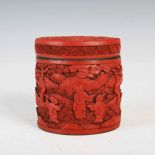 A CHINESE CINNABAR LACQUER CYLINDRICAL BOX AND COVER, QING DYNASTY, THE CIRCUALR DETACHABLE COVER