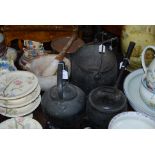 KITCHENALIA - OVERSIZED PESTLE AND MORTAR, ASSORTED SAUCE PANS, CAULDRON AND KETTLE.