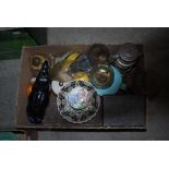 BOX - ASSORTED CERAMICS, PARAFFIN BURNING LAMPS, HOUSEHOLD ORNAMENTS ETC