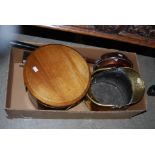 COPPER AND EBONY BEDWARMING PAN, BRASS HELMET SHAPED COAL SCUTTLE, MAHOGANY LIDDED FUEL BIN, STEEL