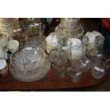 COLLECTION OF ASSORTED GLASSWARE TO INCLUDE DECANTERS, STOPPERS, JUGS, BOWLS, DISHES.