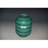 SWEDISH GUSTAVSBERG ART DECO POTTERY VASE WITH HORIZONTAL SILVER LINE DETAIL ON A MOTTLED GREEN